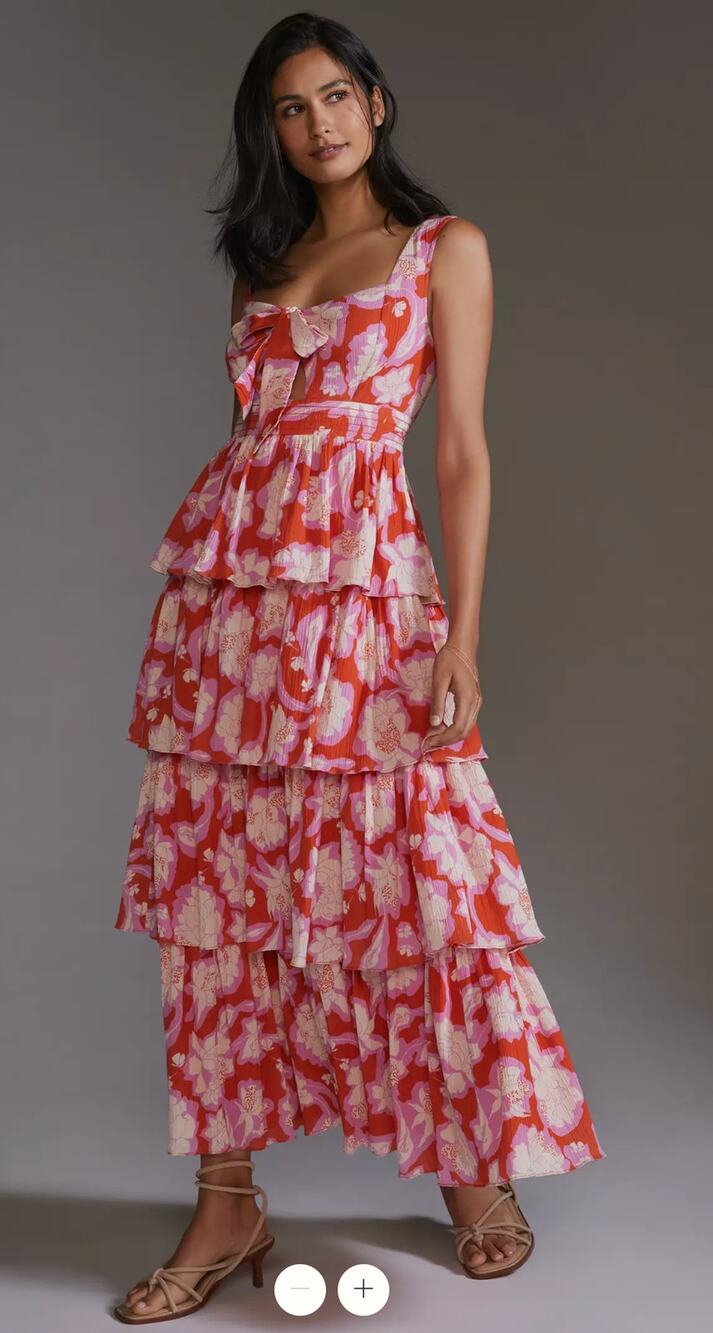 Vineet Bahl Tiered Ruffle Maxi Dress in Bright Pink Floral Size 12 NWOT